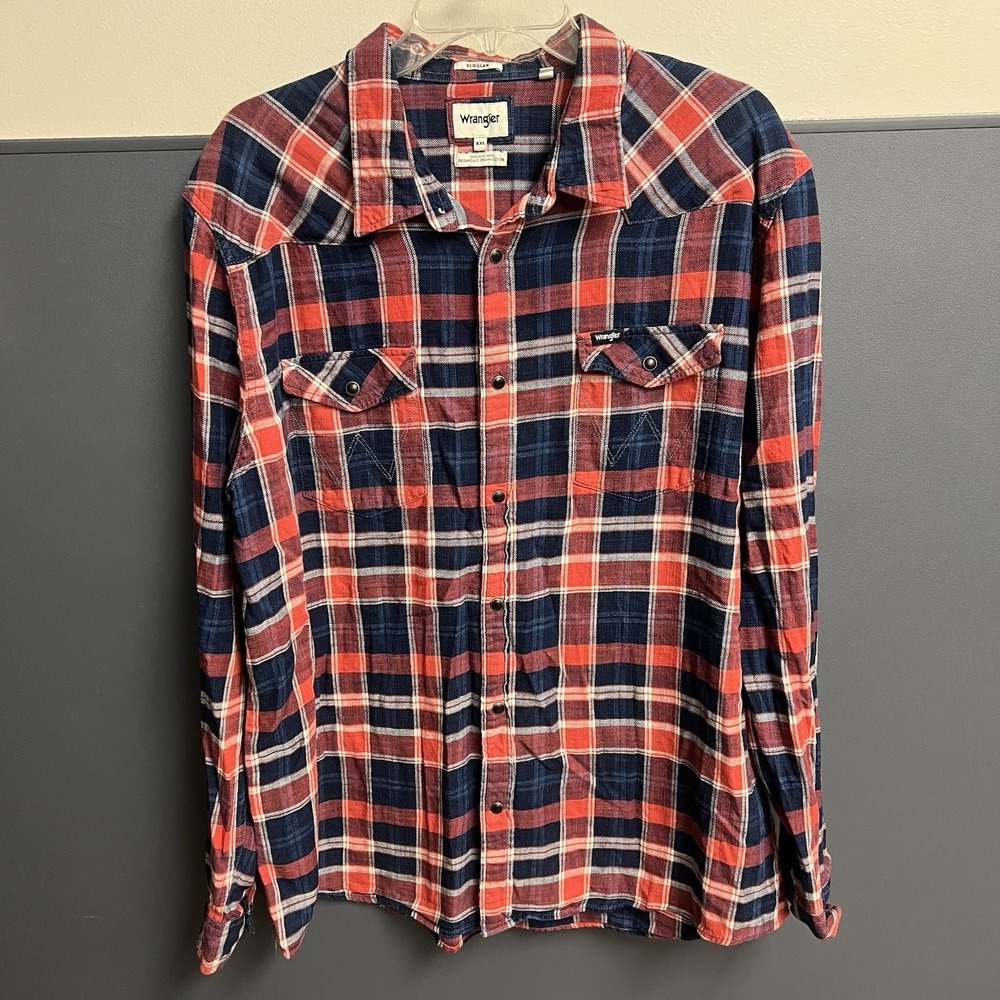 Wrangler Black Button Shirt Men's XXL Long Sleeve Plaid‎ Red Blue Black Organic
